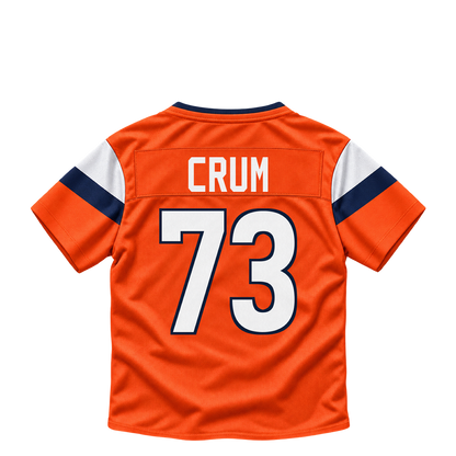 Denver Broncos jersey keychain — Frank Crum #73. Exact saved player artwork preview.