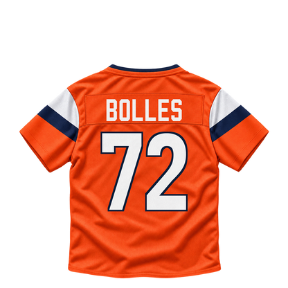 Denver Broncos jersey keychain — Garett Bolles #72. Exact saved player artwork preview.