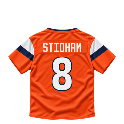 Denver Broncos jersey keychain — Jarrett Stidham #8. Exact saved player artwork preview.