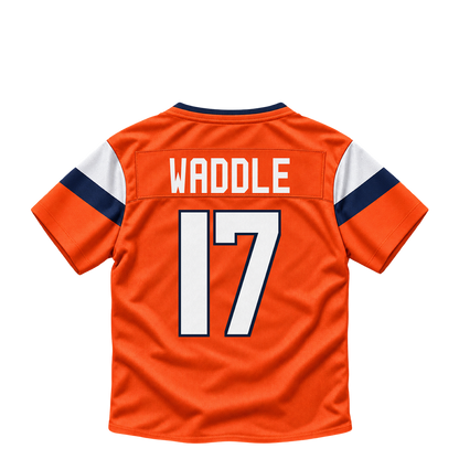 Denver Broncos jersey keychain — Jaylen Waddle #17. Exact saved player artwork preview.