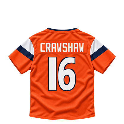Denver Broncos jersey keychain — Jeremy Crawshaw #16. Exact saved player artwork preview.