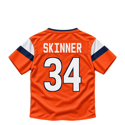 Denver Broncos jersey keychain — JL Skinner #34. Exact saved player artwork preview.