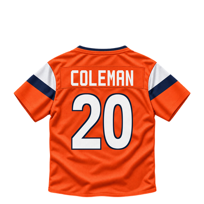 Denver Broncos jersey keychain — Jonah Coleman #20. Exact saved player artwork preview.