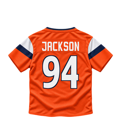 Denver Broncos jersey keychain — Jordan Jackson #94. Exact saved player artwork preview.