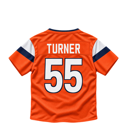 Denver Broncos jersey keychain — Jordan Turner #55. Exact saved player artwork preview.