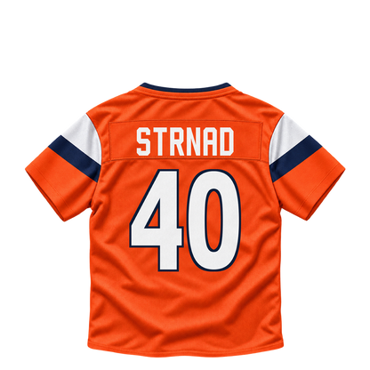 Denver Broncos jersey keychain — Justin Strnad #40. Exact saved player artwork preview.
