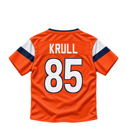 Denver Broncos jersey keychain — Lucas Krull #85. Exact saved player artwork preview.