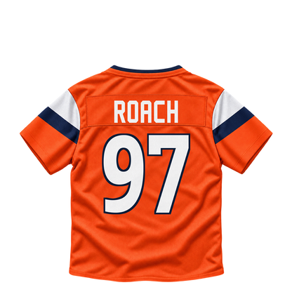 Denver Broncos jersey keychain — Malcolm Roach #97. Exact saved player artwork preview.