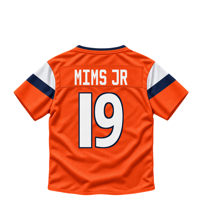 Denver Broncos jersey keychain — Marvin Mims Jr. #19. Exact saved player artwork preview.