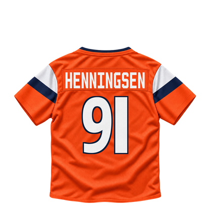 Denver Broncos jersey keychain — Matt Henningsen #91. Exact saved player artwork preview.