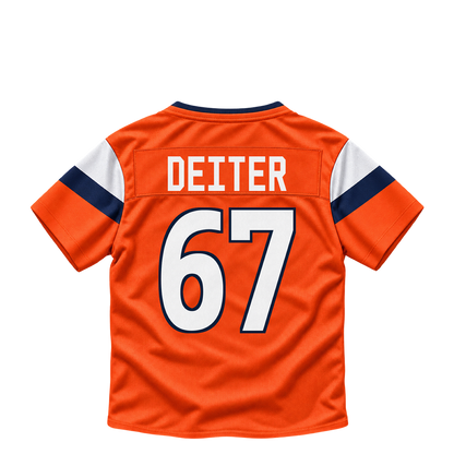 Denver Broncos jersey keychain — Michael Deiter #67. Exact saved player artwork preview.