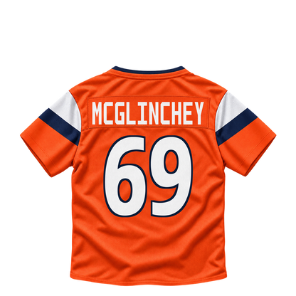 Denver Broncos jersey keychain — Mike McGlinchey #69. Exact saved player artwork preview.
