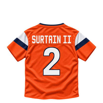 Denver Broncos jersey keychain — Pat Surtain II #2. Exact saved player artwork preview.