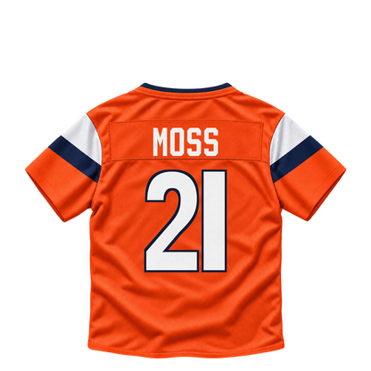 Denver Broncos jersey keychain — Riley Moss #21. Exact saved player artwork preview.