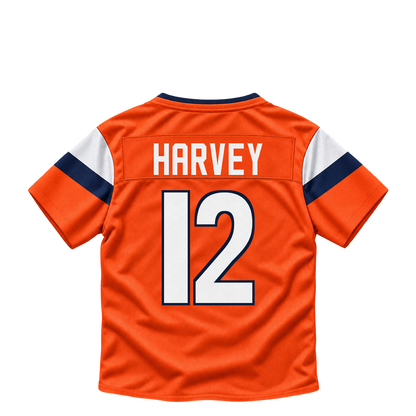 Denver Broncos jersey keychain — RJ Harvey #12. Exact saved player artwork preview.