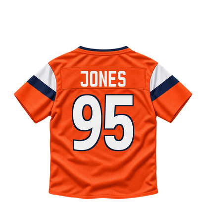 Denver Broncos jersey keychain — Sai'vion Jones #95. Exact saved player artwork preview.
