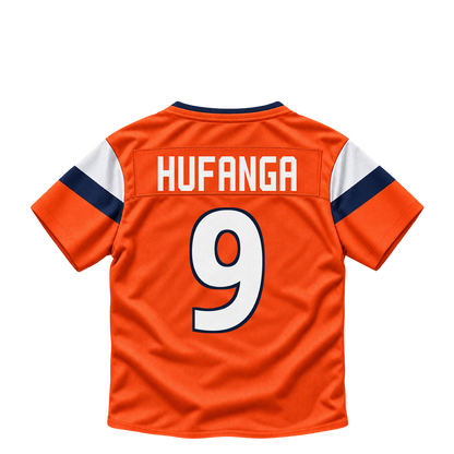 Denver Broncos jersey keychain — Talanoa Hufanga #9. Exact saved player artwork preview.