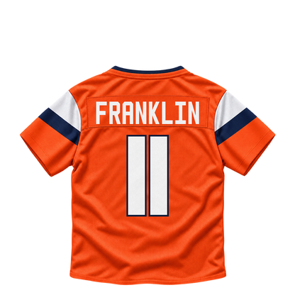 Denver Broncos jersey keychain — Troy Franklin #11. Exact saved player artwork preview.
