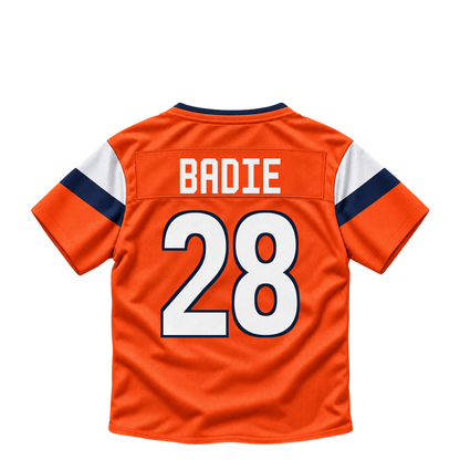 Denver Broncos jersey keychain — Tyler Badie #28. Exact saved player artwork preview.