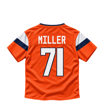 Denver Broncos jersey keychain — Tyler Miller #71. Exact saved player artwork preview.