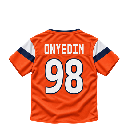 Denver Broncos jersey keychain — Tyler Onyedim #98. Exact saved player artwork preview.