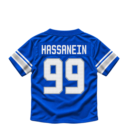 Detroit Lions jersey keychain — Ahmed Hassanein #99. Exact saved player artwork preview.