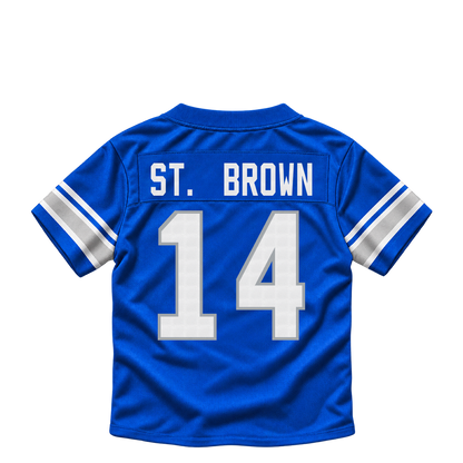 Detroit Lions jersey keychain — Amon-Ra St. Brown #14. Exact saved player artwork preview.