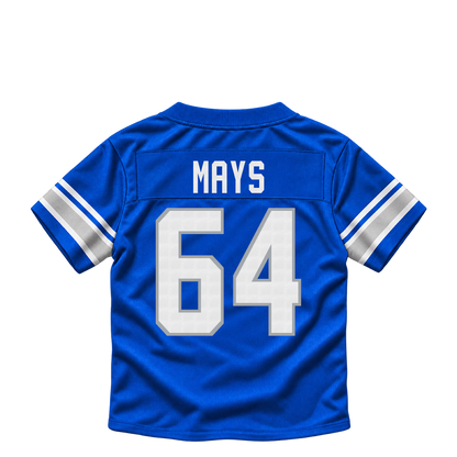 Detroit Lions jersey keychain — Cade Mays #64. Exact saved player artwork preview.