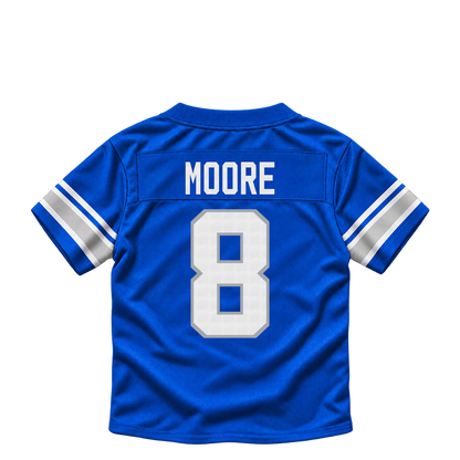 Detroit Lions jersey keychain — Derrick Moore #8. Exact saved player artwork preview.