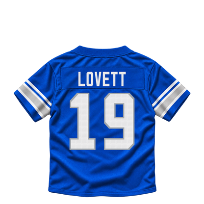 Detroit Lions jersey keychain — Dominic Lovett #19. Exact saved player artwork preview.