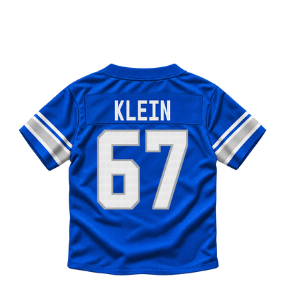 Detroit Lions jersey keychain — Elijah Klein #67. Exact saved player artwork preview.
