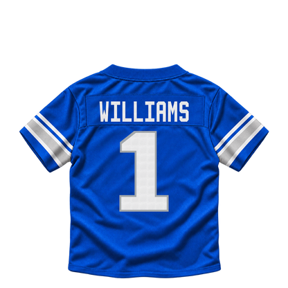 Detroit Lions jersey keychain — Jameson Williams #1. Exact saved player artwork preview.