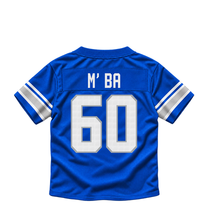Detroit Lions jersey keychain — Jeffrey M'ba #60. Exact saved player artwork preview.