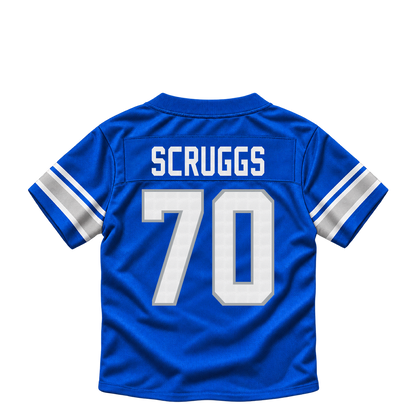 Detroit Lions jersey keychain — Juice Scruggs #70. Exact saved player artwork preview.