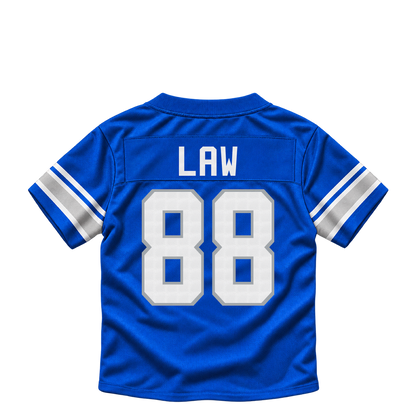 Detroit Lions jersey keychain — Kendrick Law #88. Exact saved player artwork preview.