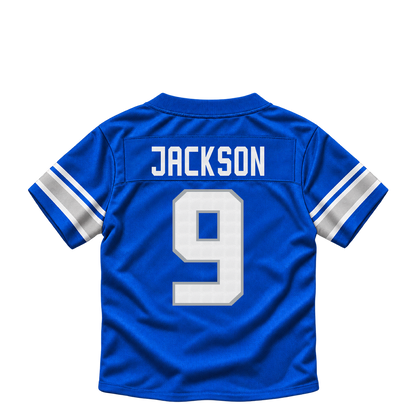 Detroit Lions jersey keychain — Lucky Jackson #9. Exact saved player artwork preview.