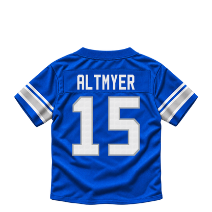 Detroit Lions jersey keychain — Luke Altmyer #15. Exact saved player artwork preview.