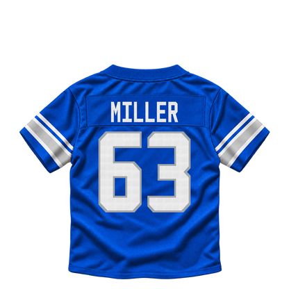 Detroit Lions jersey keychain — Mason Miller #63. Exact saved player artwork preview.