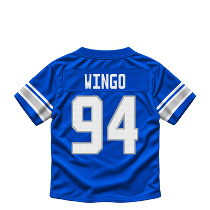 Detroit Lions jersey keychain — Mekhi Wingo #94. Exact saved player artwork preview.