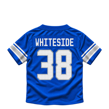 Detroit Lions jersey keychain — Nick Whiteside #38. Exact saved player artwork preview.
