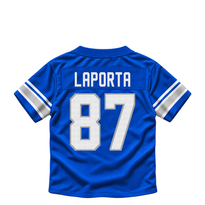 Detroit Lions jersey keychain — Sam LaPorta #87. Exact saved player artwork preview.