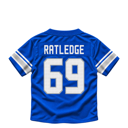 Detroit Lions jersey keychain — Tate Ratledge #69. Exact saved player artwork preview.