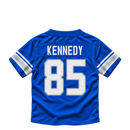 Detroit Lions jersey keychain — Tom Kennedy #85. Exact saved player artwork preview.