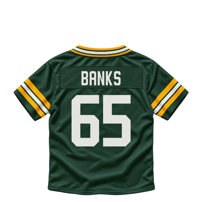 Green Bay Packers jersey keychain — Aaron Banks #65. Exact saved player artwork preview.