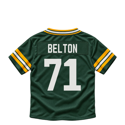 Green Bay Packers jersey keychain — Anthony Belton #71. Exact saved player artwork preview.