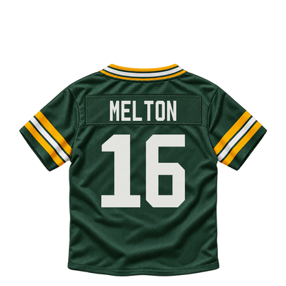Green Bay Packers jersey keychain — Bo Melton #16. Exact saved player artwork preview.