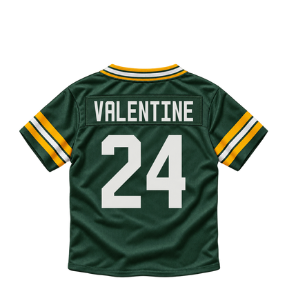 Green Bay Packers jersey keychain — Carrington Valentine #24. Exact saved player artwork preview.