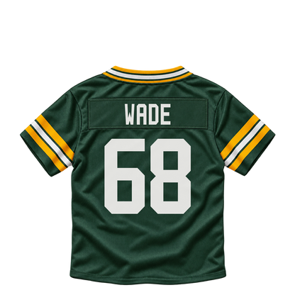 Green Bay Packers jersey keychain — Dillon Wade #68. Exact saved player artwork preview.