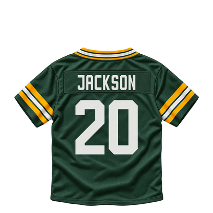 Green Bay Packers jersey keychain — Domani Jackson #20. Exact saved player artwork preview.