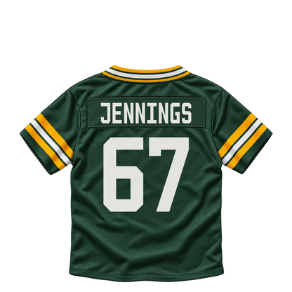 Green Bay Packers jersey keychain — Donovan Jennings #67. Exact saved player artwork preview.